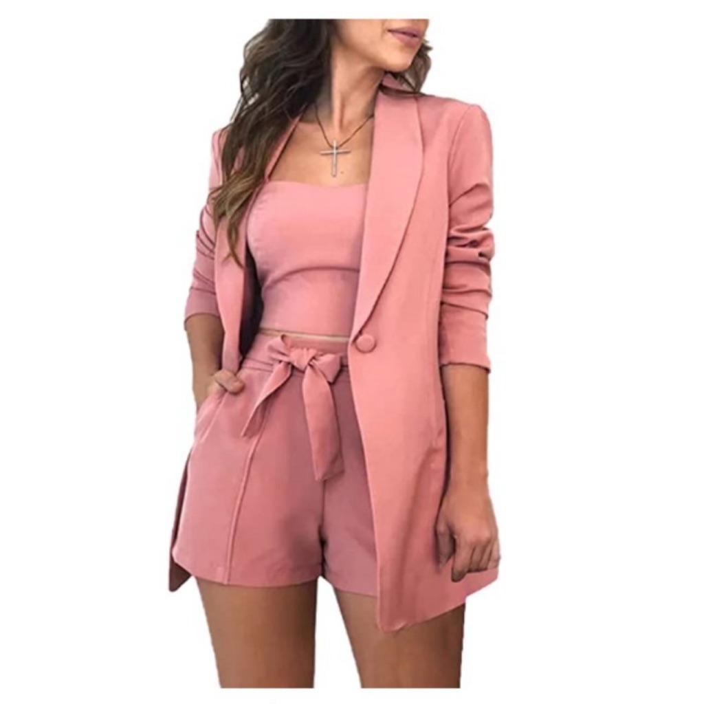 Sexy Bussiness Outfits 3 Piece Open Front Button Blazers + Croptops+Belted Short